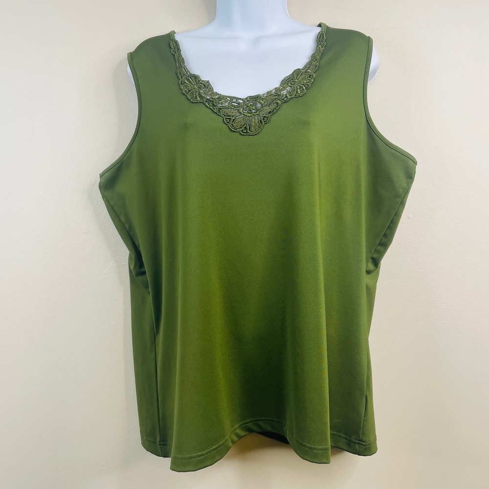 Vintage Jessica London Sleeveless Top 1X Olive Lace Trim Tank Casual Layering